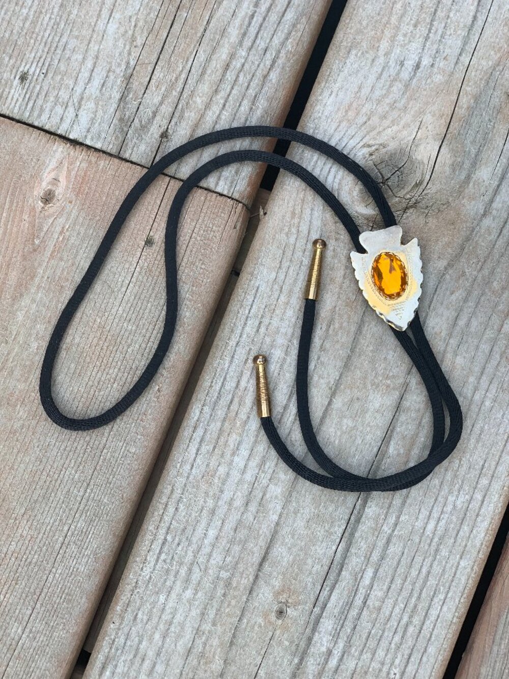 Vtg Western Bolo Tie Gold Toned Arrowhead Citrine Stone Rodeo Boho Cowboy Retro